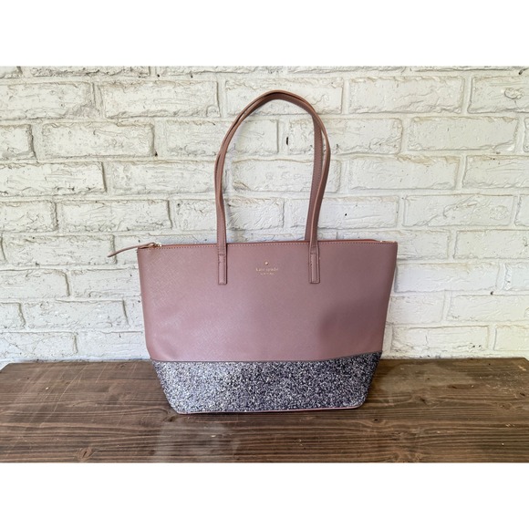 kate spade Handbags - Kate Spade Greta Court GlitterTote Bag Purse Taupe Silver Glitter Bottom READ